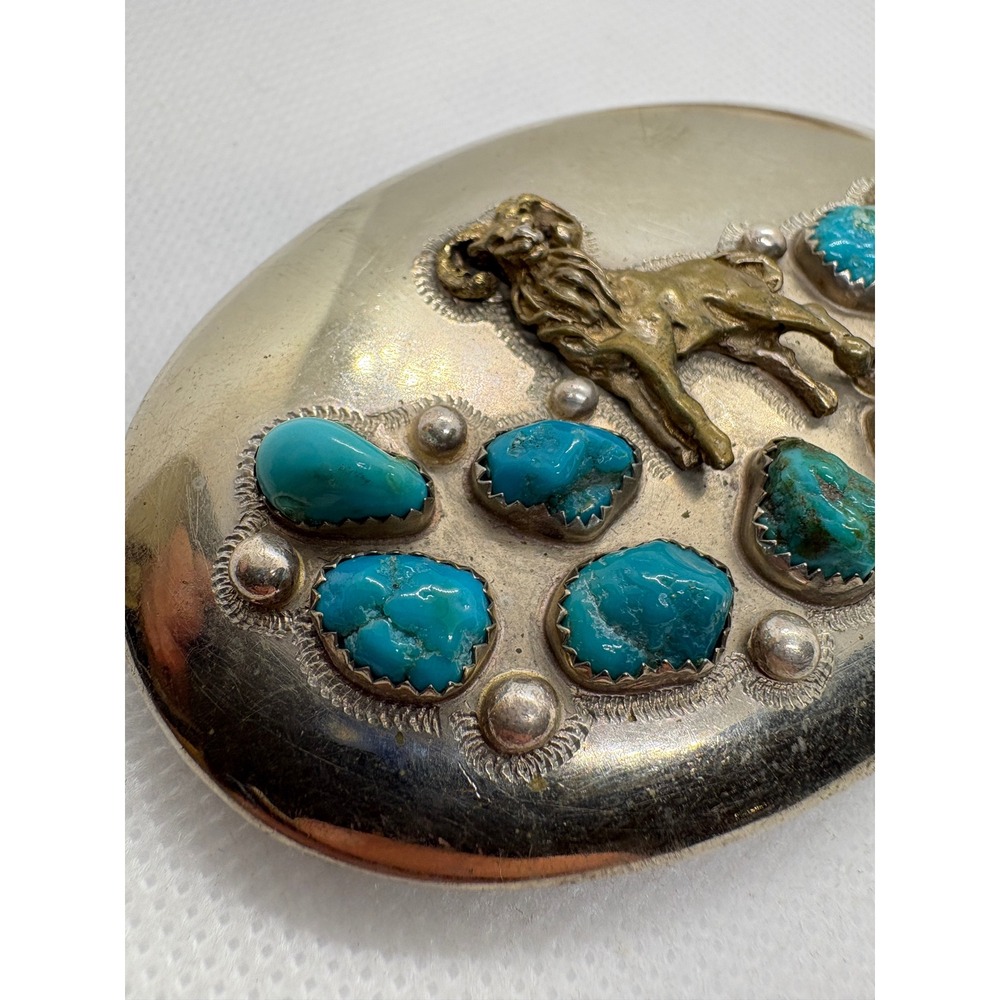Vintage Ahumada & Sons Baboquivari Turquoise Ram Belt Buckle Silver Tone Oval - Picture 4 of 10